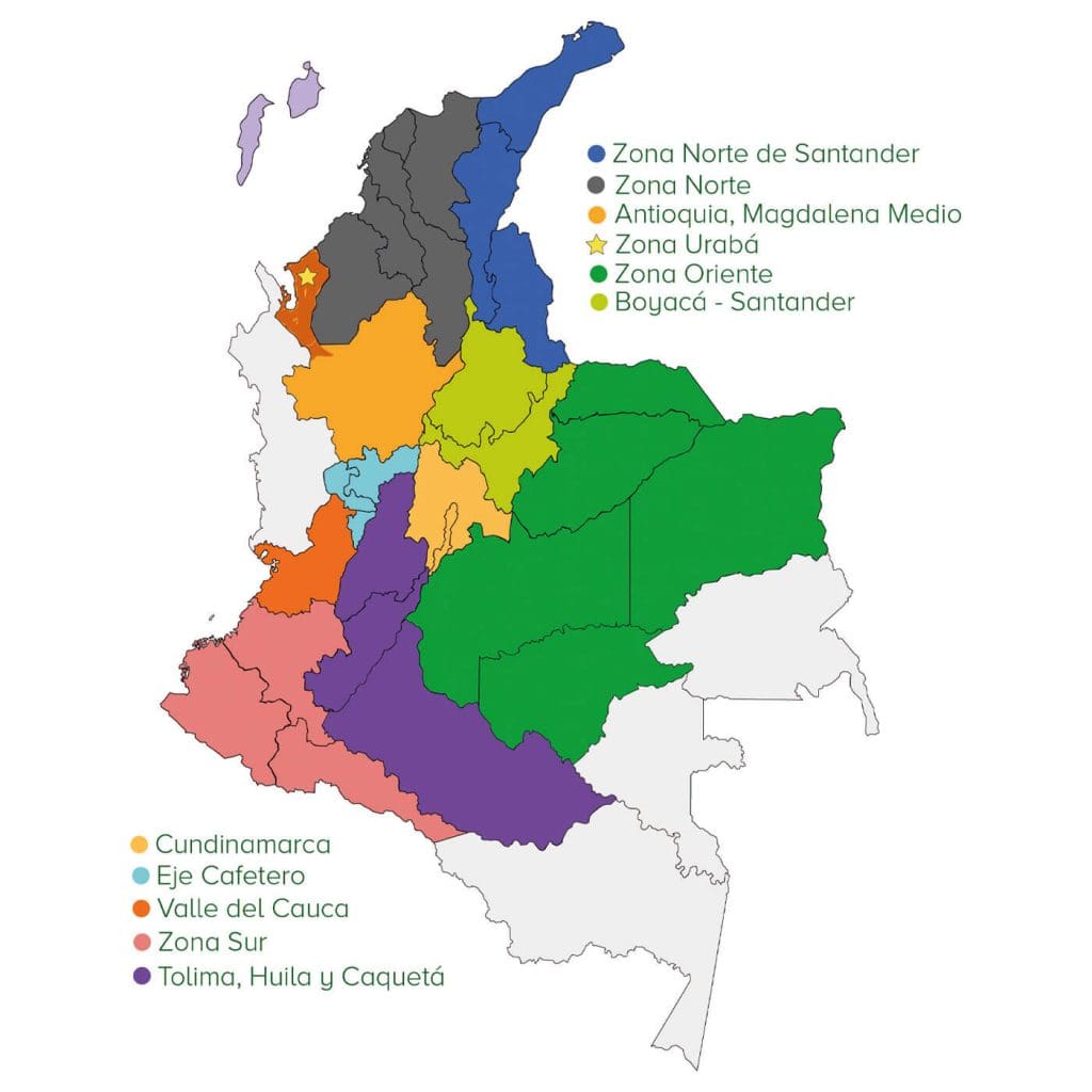 Mapa de Colombia con regiones de diferentes colores que indican devolución y certificado.