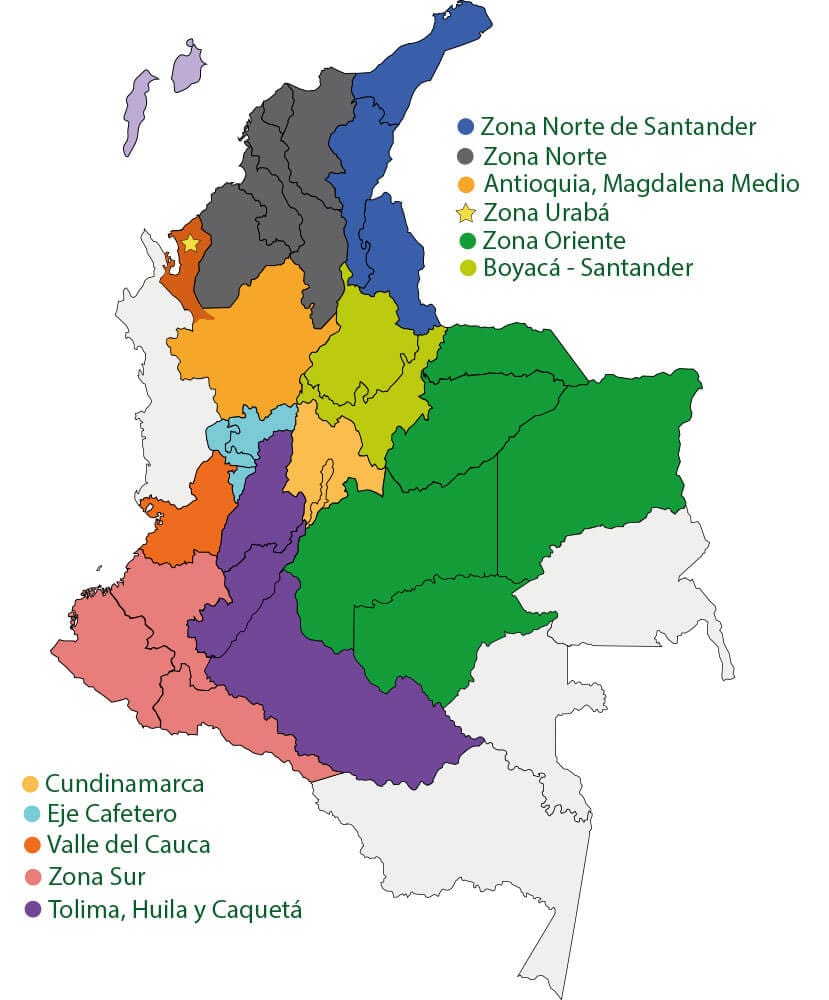Contáctenos para un mapa de Colombia con regiones de diferentes colores.